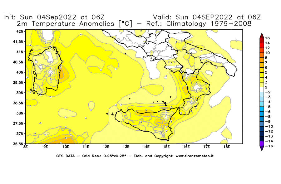 Mappa di analisi GFS - Anomalia Temperatura [°C] a 2 m in Sud-Italia
							del 04/09/2022 06 <!--googleoff: index-->UTC<!--googleon: index-->