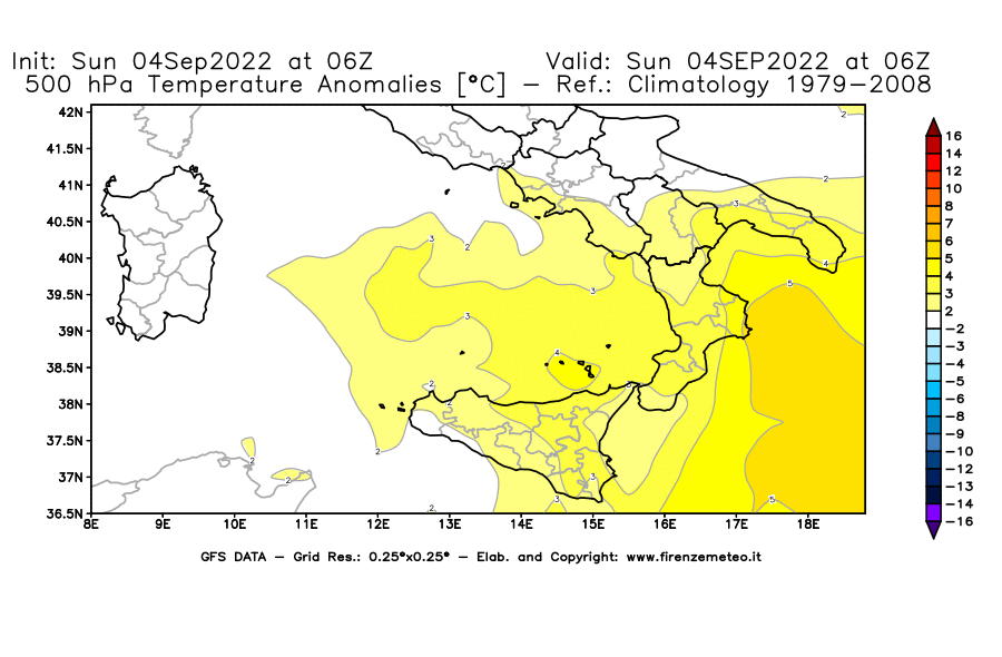 Mappa di analisi GFS - Anomalia Temperatura [°C] a 500 hPa in Sud-Italia
							del 04/09/2022 06 <!--googleoff: index-->UTC<!--googleon: index-->