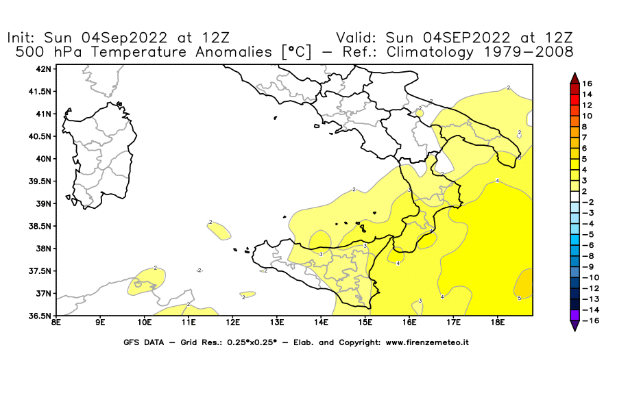 Mappa di analisi GFS - Anomalia Temperatura [°C] a 500 hPa in Sud-Italia
							del 04/09/2022 12 <!--googleoff: index-->UTC<!--googleon: index-->
