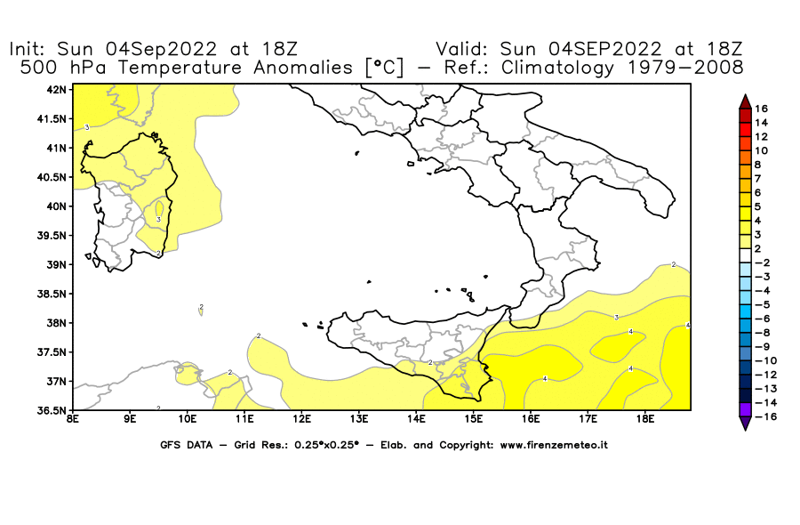 Mappa di analisi GFS - Anomalia Temperatura [°C] a 500 hPa in Sud-Italia
							del 04/09/2022 18 <!--googleoff: index-->UTC<!--googleon: index-->