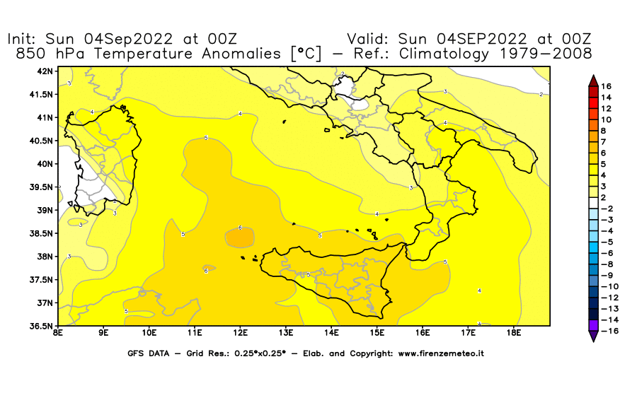 Mappa di analisi GFS - Anomalia Temperatura [°C] a 850 hPa in Sud-Italia
							del 04/09/2022 00 <!--googleoff: index-->UTC<!--googleon: index-->
