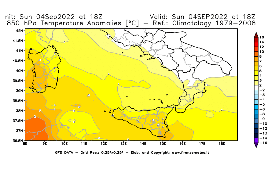 Mappa di analisi GFS - Anomalia Temperatura [°C] a 850 hPa in Sud-Italia
							del 04/09/2022 18 <!--googleoff: index-->UTC<!--googleon: index-->