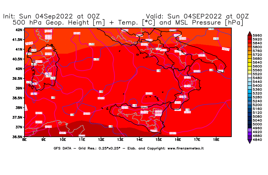 Mappa di analisi GFS - Geopotenziale [m] + Temp. [°C] a 500 hPa + Press. a livello del mare [hPa] in Sud-Italia
							del 04/09/2022 00 <!--googleoff: index-->UTC<!--googleon: index-->
