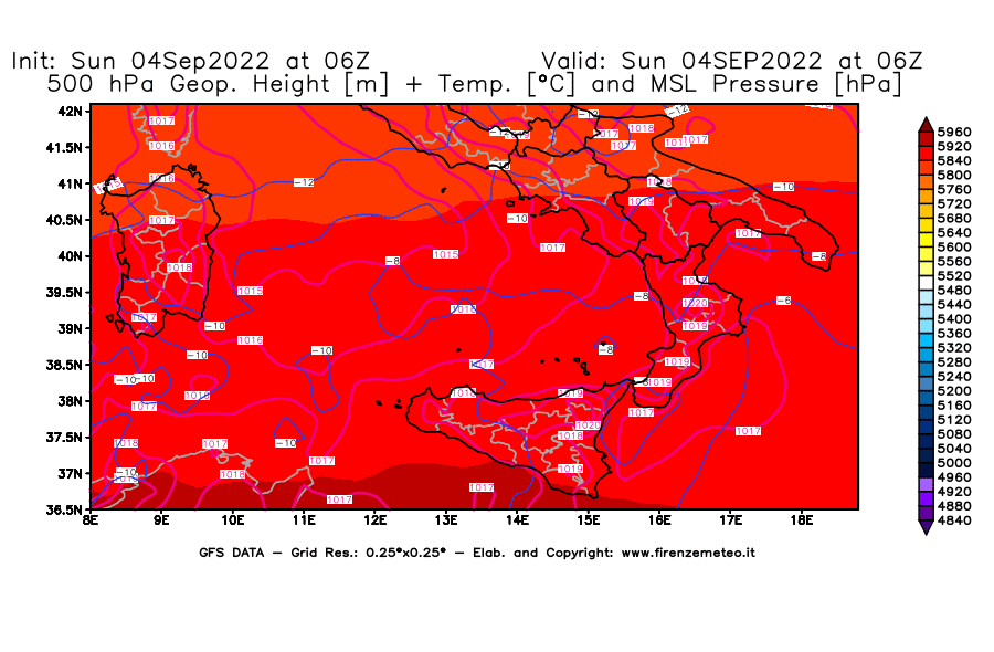 Mappa di analisi GFS - Geopotenziale [m] + Temp. [°C] a 500 hPa + Press. a livello del mare [hPa] in Sud-Italia
							del 04/09/2022 06 <!--googleoff: index-->UTC<!--googleon: index-->