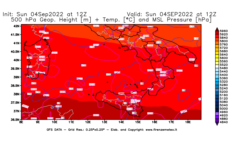 Mappa di analisi GFS - Geopotenziale [m] + Temp. [°C] a 500 hPa + Press. a livello del mare [hPa] in Sud-Italia
							del 04/09/2022 12 <!--googleoff: index-->UTC<!--googleon: index-->