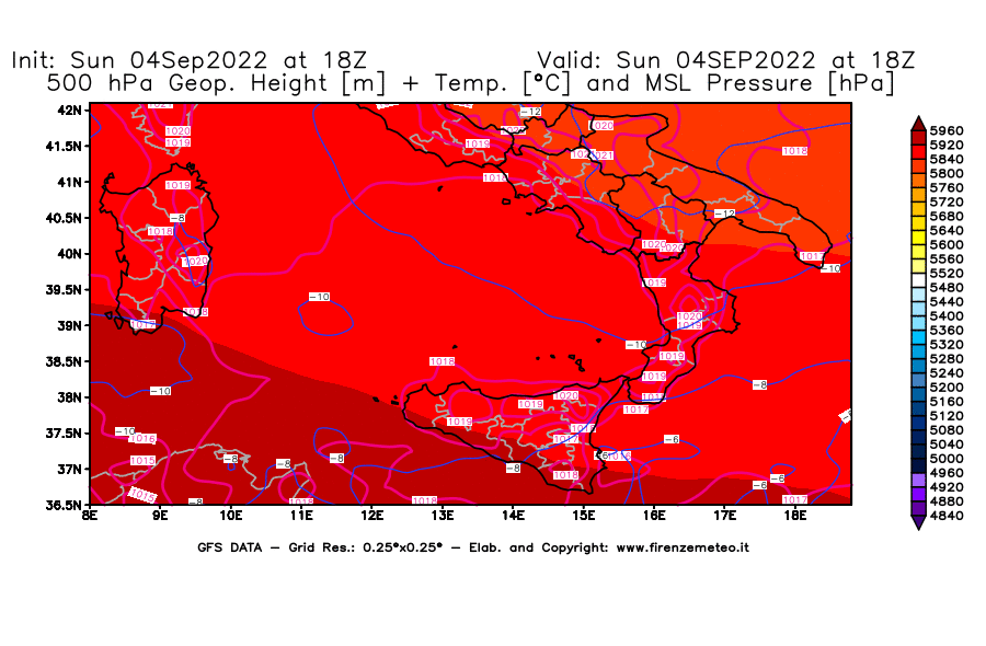 Mappa di analisi GFS - Geopotenziale [m] + Temp. [°C] a 500 hPa + Press. a livello del mare [hPa] in Sud-Italia
							del 04/09/2022 18 <!--googleoff: index-->UTC<!--googleon: index-->