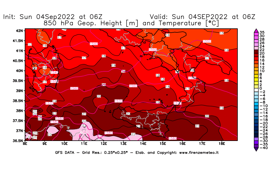 Mappa di analisi GFS - Geopotenziale [m] e Temperatura [°C] a 850 hPa in Sud-Italia
							del 04/09/2022 06 <!--googleoff: index-->UTC<!--googleon: index-->