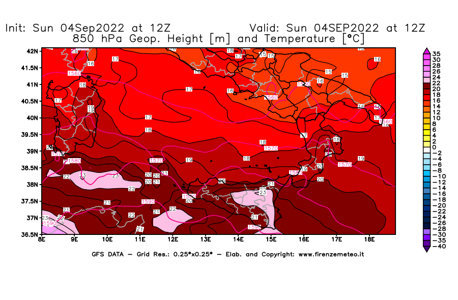 Mappa di analisi GFS - Geopotenziale [m] e Temperatura [°C] a 850 hPa in Sud-Italia
							del 04/09/2022 12 <!--googleoff: index-->UTC<!--googleon: index-->