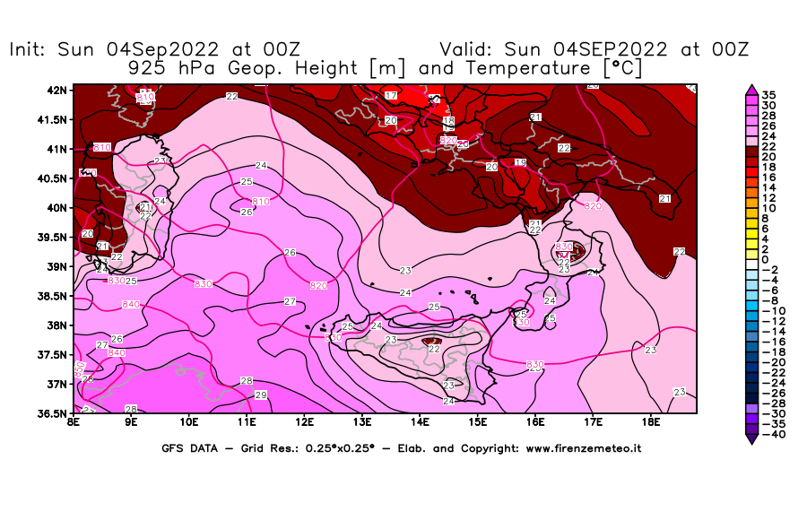 Mappa di analisi GFS - Geopotenziale [m] e Temperatura [°C] a 925 hPa in Sud-Italia
							del 04/09/2022 00 <!--googleoff: index-->UTC<!--googleon: index-->