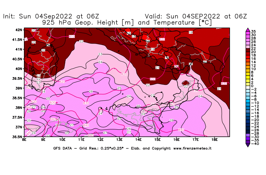 Mappa di analisi GFS - Geopotenziale [m] e Temperatura [°C] a 925 hPa in Sud-Italia
							del 04/09/2022 06 <!--googleoff: index-->UTC<!--googleon: index-->