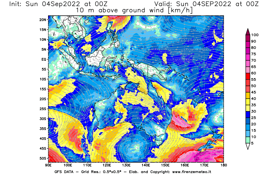 Mappa di analisi GFS - Velocità del vento a 10 metri dal suolo [km/h] in Oceania
							del 04/09/2022 00 <!--googleoff: index-->UTC<!--googleon: index-->