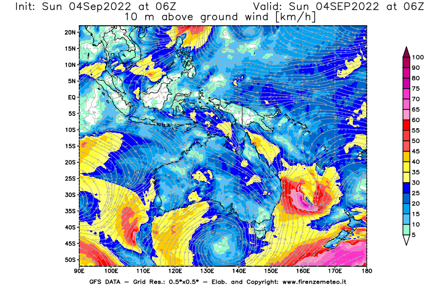Mappa di analisi GFS - Velocità del vento a 10 metri dal suolo [km/h] in Oceania
							del 04/09/2022 06 <!--googleoff: index-->UTC<!--googleon: index-->