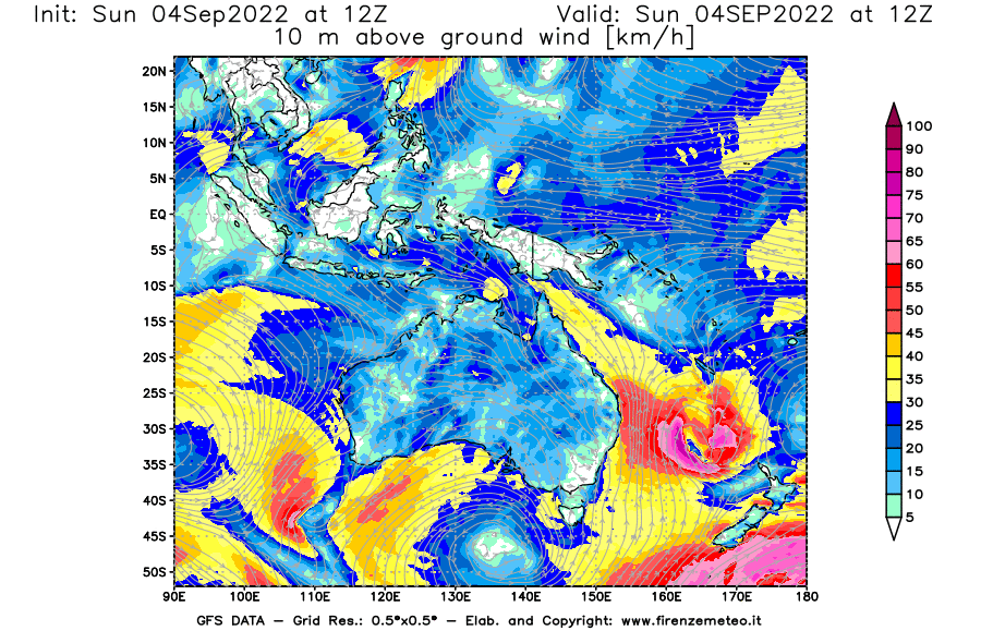 Mappa di analisi GFS - Velocità del vento a 10 metri dal suolo [km/h] in Oceania
							del 04/09/2022 12 <!--googleoff: index-->UTC<!--googleon: index-->