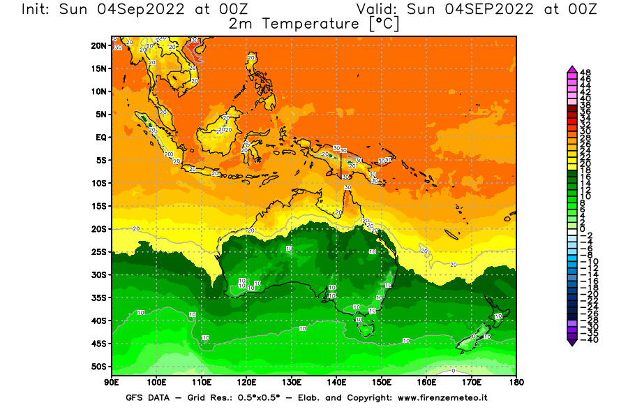 Mappa di analisi GFS - Temperatura a 2 metri dal suolo [°C] in Oceania
							del 04/09/2022 00 <!--googleoff: index-->UTC<!--googleon: index-->