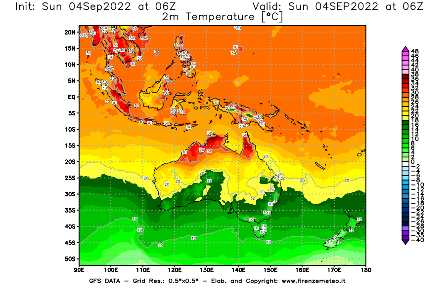 Mappa di analisi GFS - Temperatura a 2 metri dal suolo [°C] in Oceania
							del 04/09/2022 06 <!--googleoff: index-->UTC<!--googleon: index-->