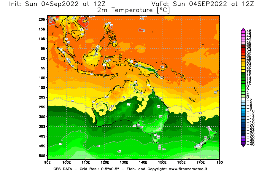 Mappa di analisi GFS - Temperatura a 2 metri dal suolo [°C] in Oceania
							del 04/09/2022 12 <!--googleoff: index-->UTC<!--googleon: index-->