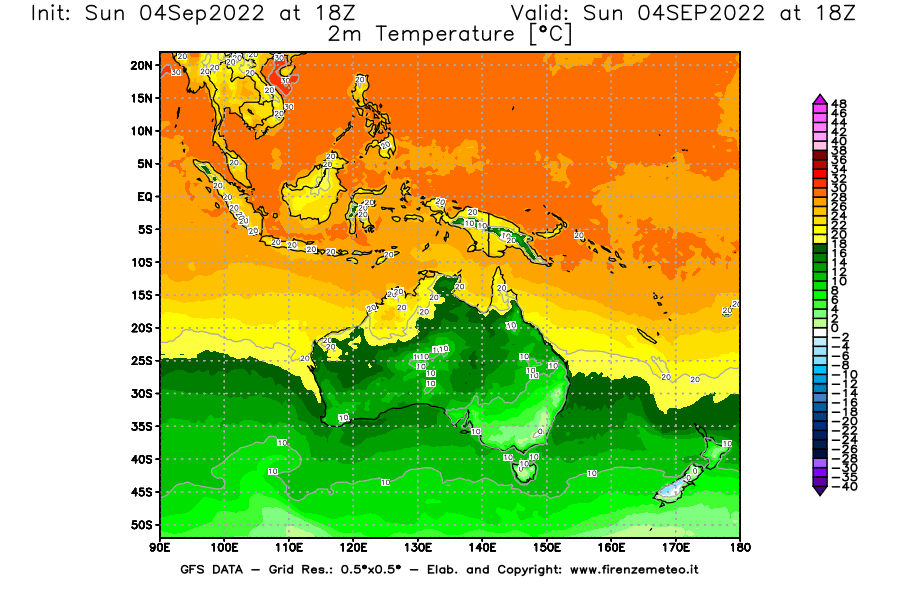 Mappa di analisi GFS - Temperatura a 2 metri dal suolo [°C] in Oceania
							del 04/09/2022 18 <!--googleoff: index-->UTC<!--googleon: index-->