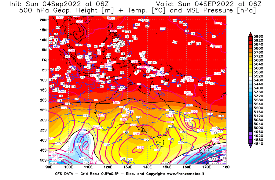 Mappa di analisi GFS - Geopotenziale [m] + Temp. [°C] a 500 hPa + Press. a livello del mare [hPa] in Oceania
							del 04/09/2022 06 <!--googleoff: index-->UTC<!--googleon: index-->