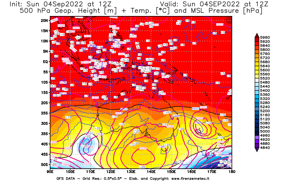 Mappa di analisi GFS - Geopotenziale [m] + Temp. [°C] a 500 hPa + Press. a livello del mare [hPa] in Oceania
							del 04/09/2022 12 <!--googleoff: index-->UTC<!--googleon: index-->