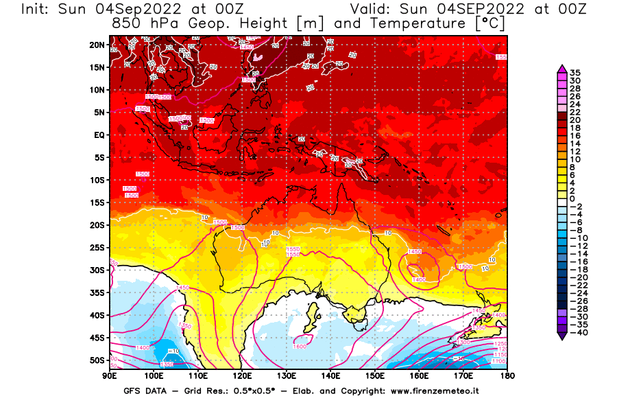 Mappa di analisi GFS - Geopotenziale [m] e Temperatura [°C] a 850 hPa in Oceania
							del 04/09/2022 00 <!--googleoff: index-->UTC<!--googleon: index-->