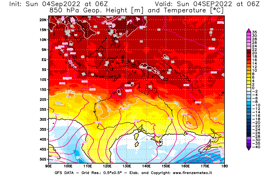 Mappa di analisi GFS - Geopotenziale [m] e Temperatura [°C] a 850 hPa in Oceania
							del 04/09/2022 06 <!--googleoff: index-->UTC<!--googleon: index-->