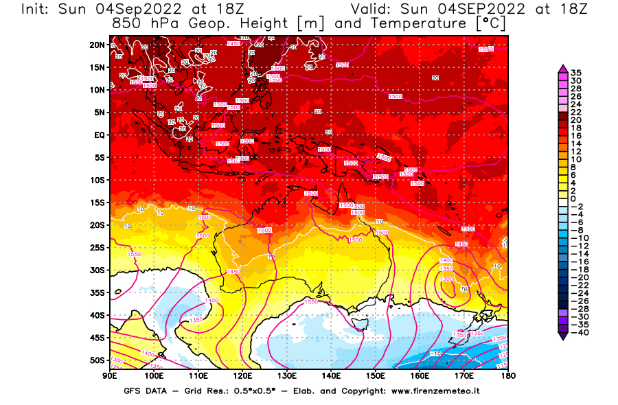 Mappa di analisi GFS - Geopotenziale [m] e Temperatura [°C] a 850 hPa in Oceania
							del 04/09/2022 18 <!--googleoff: index-->UTC<!--googleon: index-->