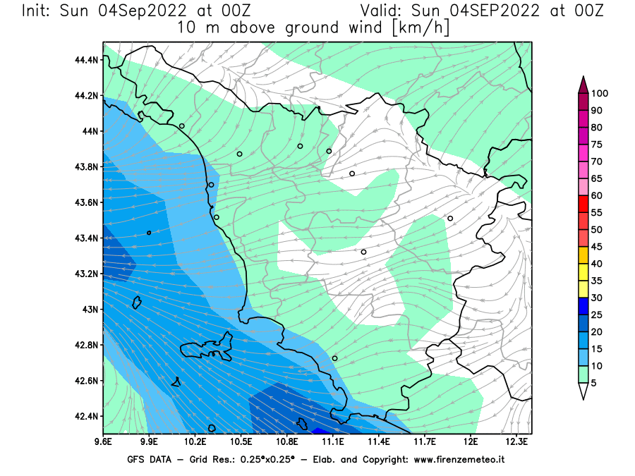 Mappa di analisi GFS - Velocità del vento a 10 metri dal suolo [km/h] in Toscana
							del 04/09/2022 00 <!--googleoff: index-->UTC<!--googleon: index-->