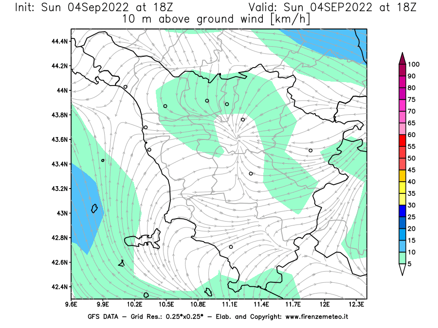 Mappa di analisi GFS - Velocità del vento a 10 metri dal suolo [km/h] in Toscana
							del 04/09/2022 18 <!--googleoff: index-->UTC<!--googleon: index-->