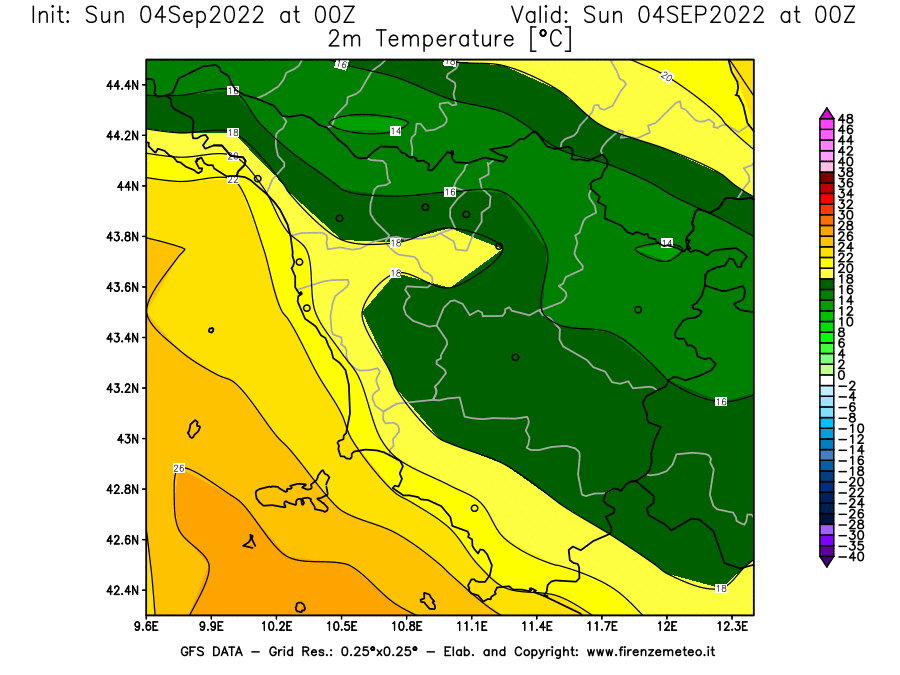 Mappa di analisi GFS - Temperatura a 2 metri dal suolo [°C] in Toscana
							del 04/09/2022 00 <!--googleoff: index-->UTC<!--googleon: index-->