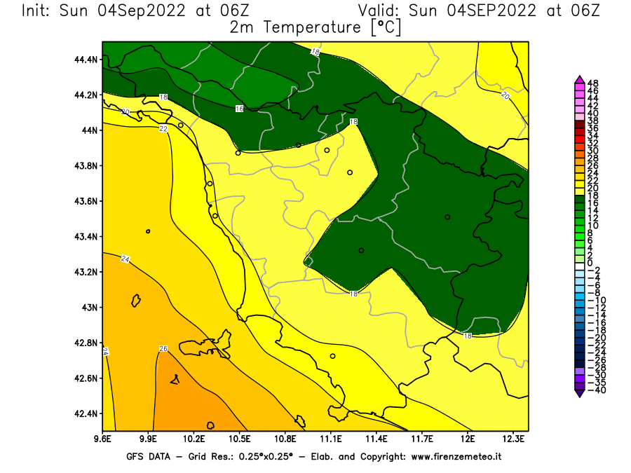 Mappa di analisi GFS - Temperatura a 2 metri dal suolo [°C] in Toscana
							del 04/09/2022 06 <!--googleoff: index-->UTC<!--googleon: index-->