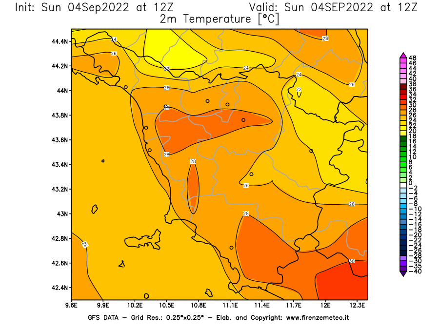 Mappa di analisi GFS - Temperatura a 2 metri dal suolo [°C] in Toscana
							del 04/09/2022 12 <!--googleoff: index-->UTC<!--googleon: index-->
