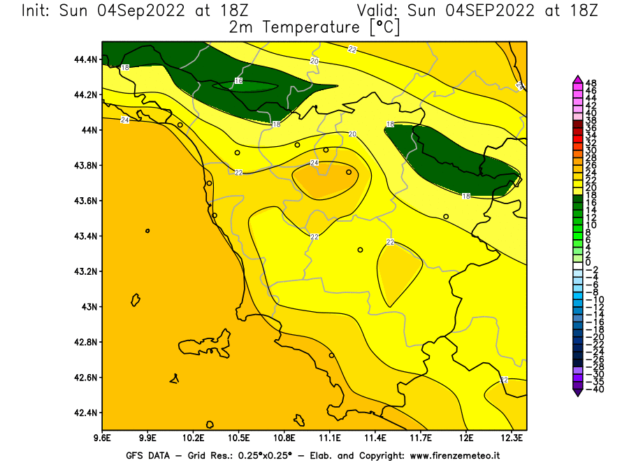 Mappa di analisi GFS - Temperatura a 2 metri dal suolo [°C] in Toscana
							del 04/09/2022 18 <!--googleoff: index-->UTC<!--googleon: index-->