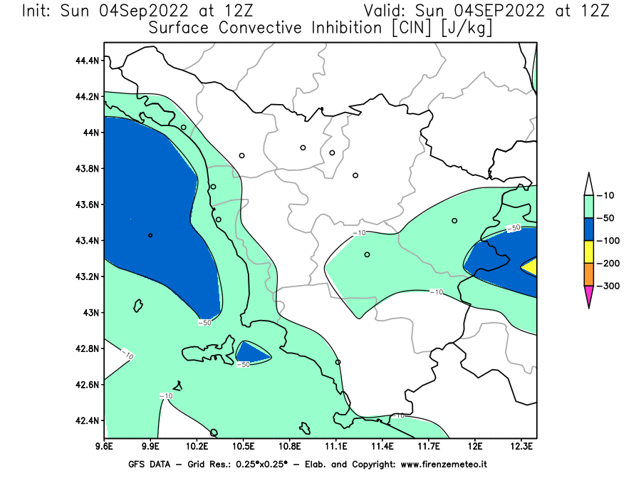 Mappa di analisi GFS - CIN [J/kg] in Toscana
							del 04/09/2022 12 <!--googleoff: index-->UTC<!--googleon: index-->