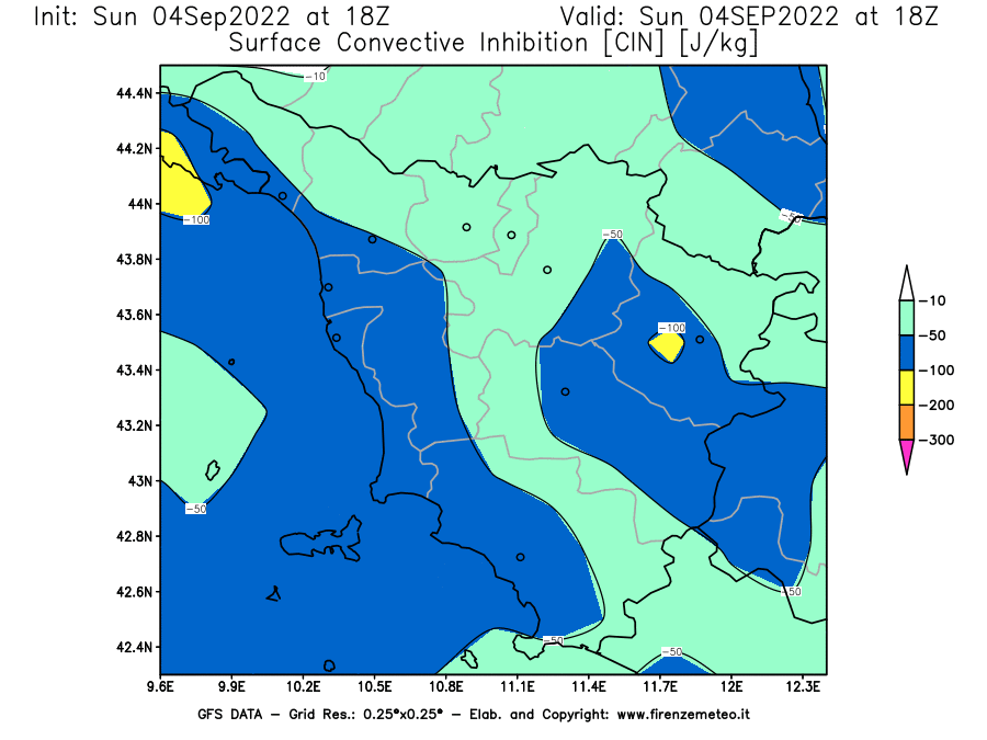 Mappa di analisi GFS - CIN [J/kg] in Toscana
							del 04/09/2022 18 <!--googleoff: index-->UTC<!--googleon: index-->