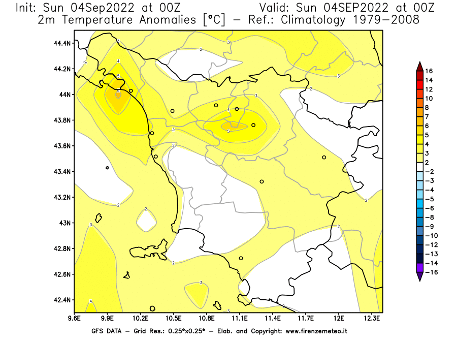 Mappa di analisi GFS - Anomalia Temperatura [°C] a 2 m in Toscana
							del 04/09/2022 00 <!--googleoff: index-->UTC<!--googleon: index-->