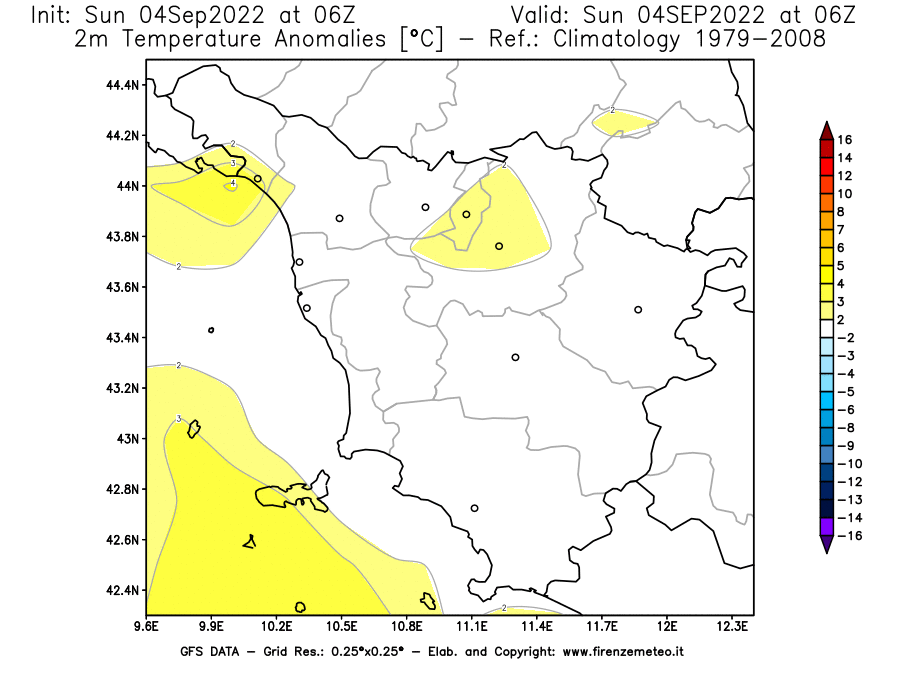 Mappa di analisi GFS - Anomalia Temperatura [°C] a 2 m in Toscana
							del 04/09/2022 06 <!--googleoff: index-->UTC<!--googleon: index-->
