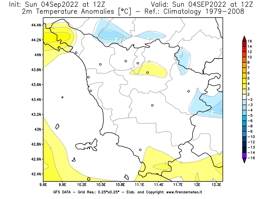 Mappa di analisi GFS - Anomalia Temperatura [°C] a 2 m in Toscana
							del 04/09/2022 12 <!--googleoff: index-->UTC<!--googleon: index-->