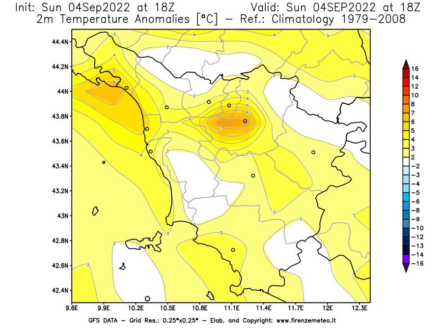 Mappa di analisi GFS - Anomalia Temperatura [°C] a 2 m in Toscana
							del 04/09/2022 18 <!--googleoff: index-->UTC<!--googleon: index-->