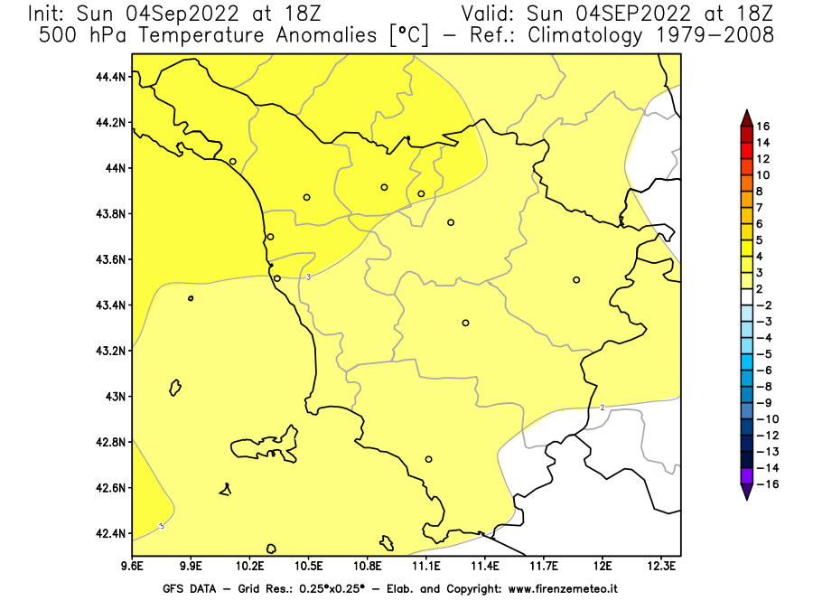 Mappa di analisi GFS - Anomalia Temperatura [°C] a 500 hPa in Toscana
							del 04/09/2022 18 <!--googleoff: index-->UTC<!--googleon: index-->