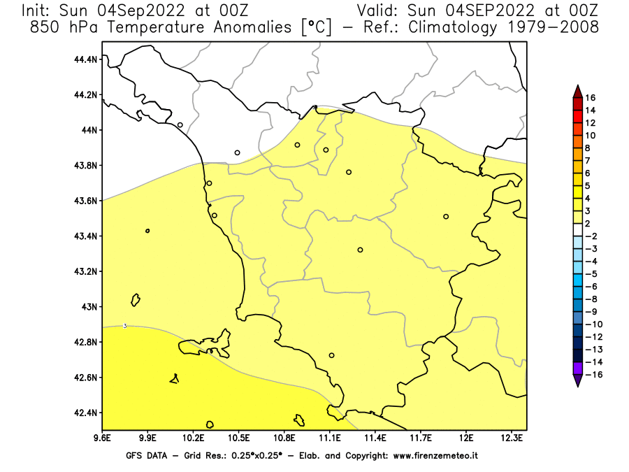 Mappa di analisi GFS - Anomalia Temperatura [°C] a 850 hPa in Toscana
							del 04/09/2022 00 <!--googleoff: index-->UTC<!--googleon: index-->