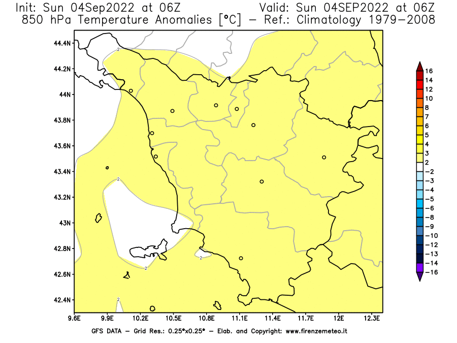 Mappa di analisi GFS - Anomalia Temperatura [°C] a 850 hPa in Toscana
							del 04/09/2022 06 <!--googleoff: index-->UTC<!--googleon: index-->