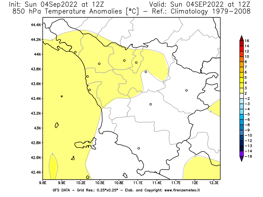 Mappa di analisi GFS - Anomalia Temperatura [°C] a 850 hPa in Toscana
							del 04/09/2022 12 <!--googleoff: index-->UTC<!--googleon: index-->