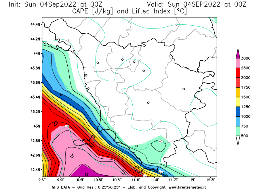 Mappa di analisi GFS - CAPE [J/kg] e Lifted Index [°C] in Toscana
							del 04/09/2022 00 <!--googleoff: index-->UTC<!--googleon: index-->