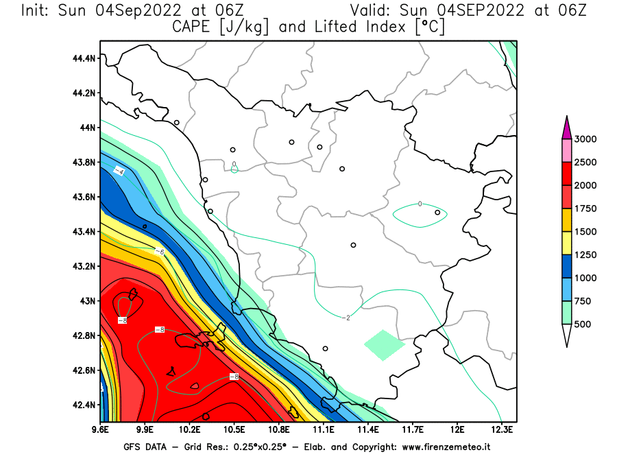 Mappa di analisi GFS - CAPE [J/kg] e Lifted Index [°C] in Toscana
							del 04/09/2022 06 <!--googleoff: index-->UTC<!--googleon: index-->
