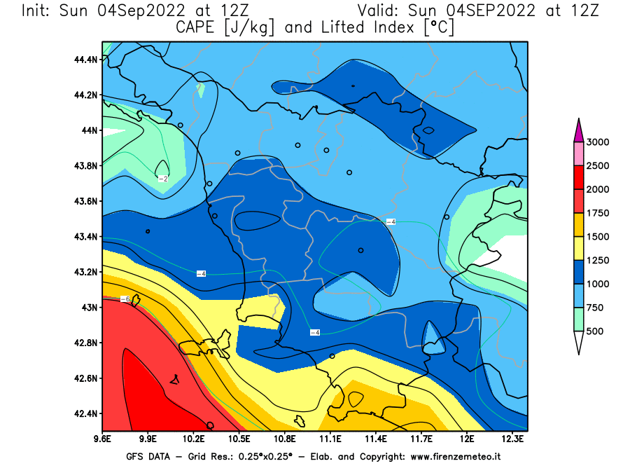 Mappa di analisi GFS - CAPE [J/kg] e Lifted Index [°C] in Toscana
							del 04/09/2022 12 <!--googleoff: index-->UTC<!--googleon: index-->