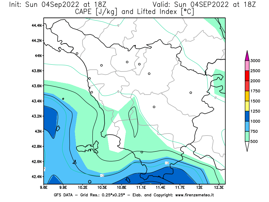Mappa di analisi GFS - CAPE [J/kg] e Lifted Index [°C] in Toscana
							del 04/09/2022 18 <!--googleoff: index-->UTC<!--googleon: index-->