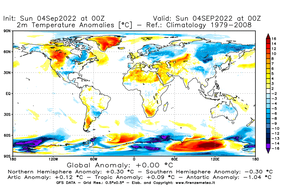 Mappa di analisi GFS - Anomalia Temperatura [°C] a 2 m in World
							del 04/09/2022 00 <!--googleoff: index-->UTC<!--googleon: index-->