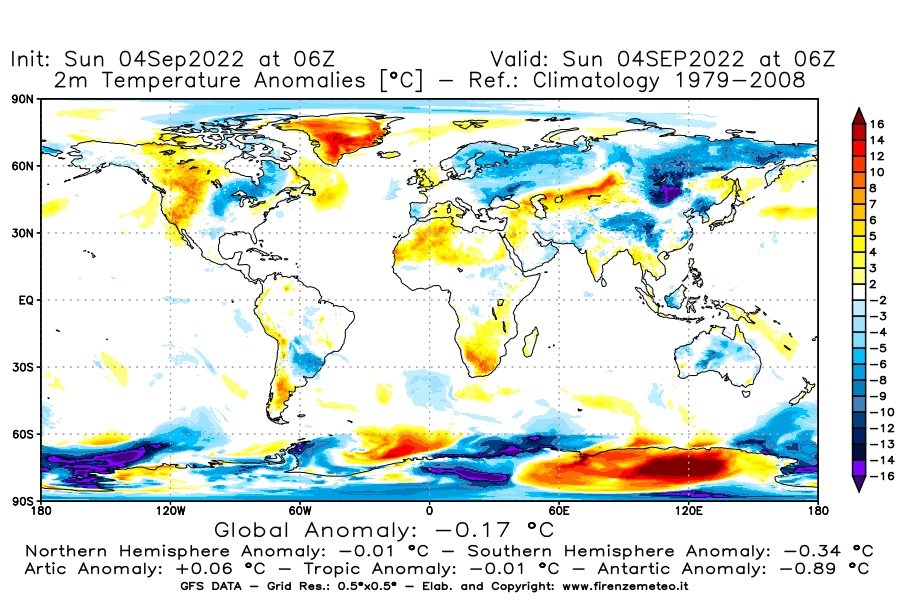 Mappa di analisi GFS - Anomalia Temperatura [°C] a 2 m in World
							del 04/09/2022 06 <!--googleoff: index-->UTC<!--googleon: index-->