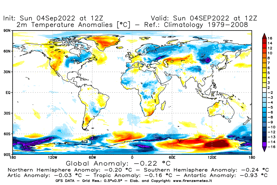 Mappa di analisi GFS - Anomalia Temperatura [°C] a 2 m in World
							del 04/09/2022 12 <!--googleoff: index-->UTC<!--googleon: index-->