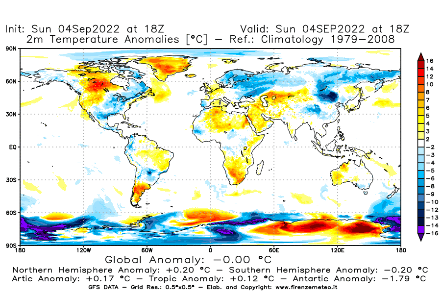 Mappa di analisi GFS - Anomalia Temperatura [°C] a 2 m in World
							del 04/09/2022 18 <!--googleoff: index-->UTC<!--googleon: index-->